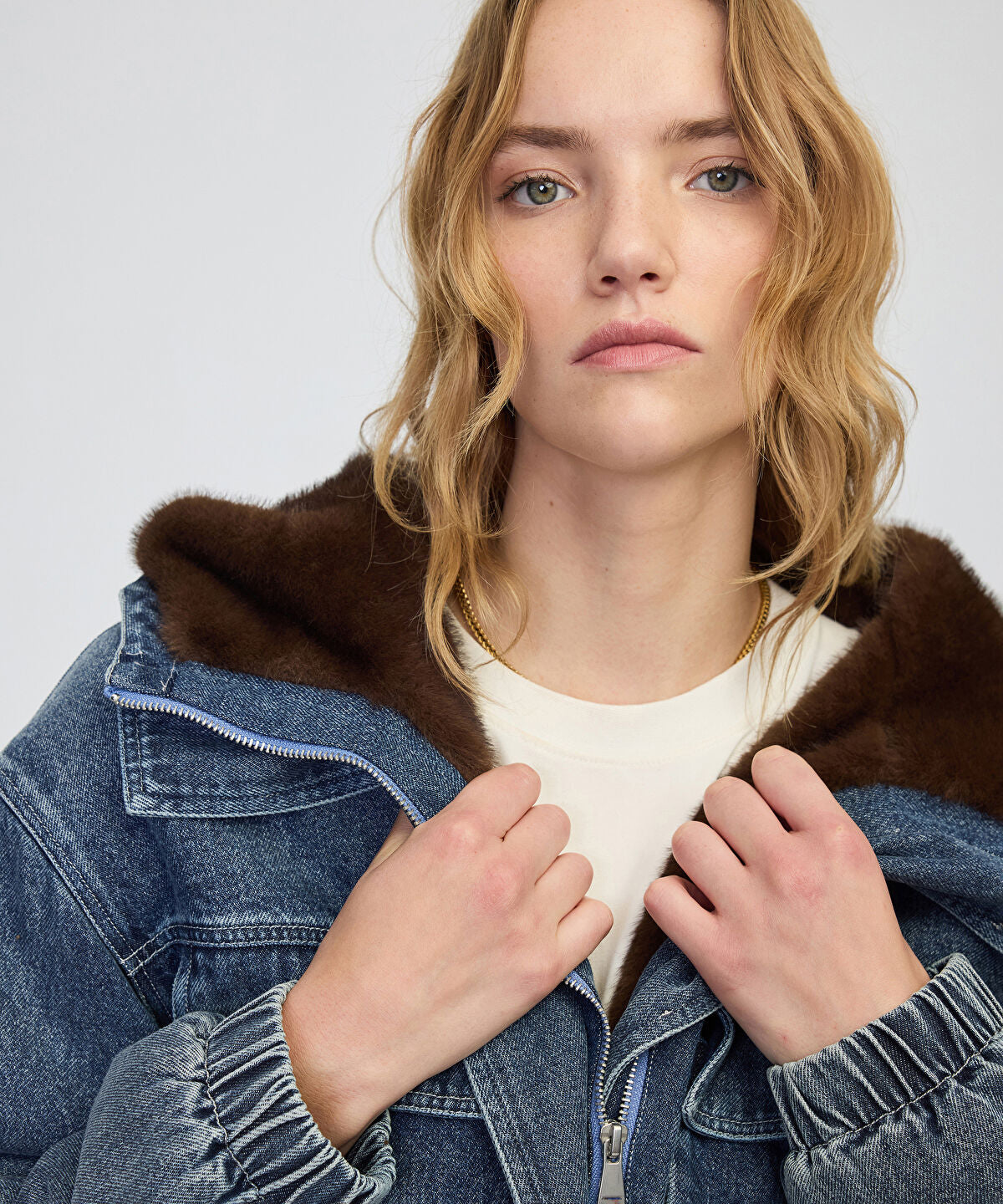 Zoomed Mixed Media Denim Coat