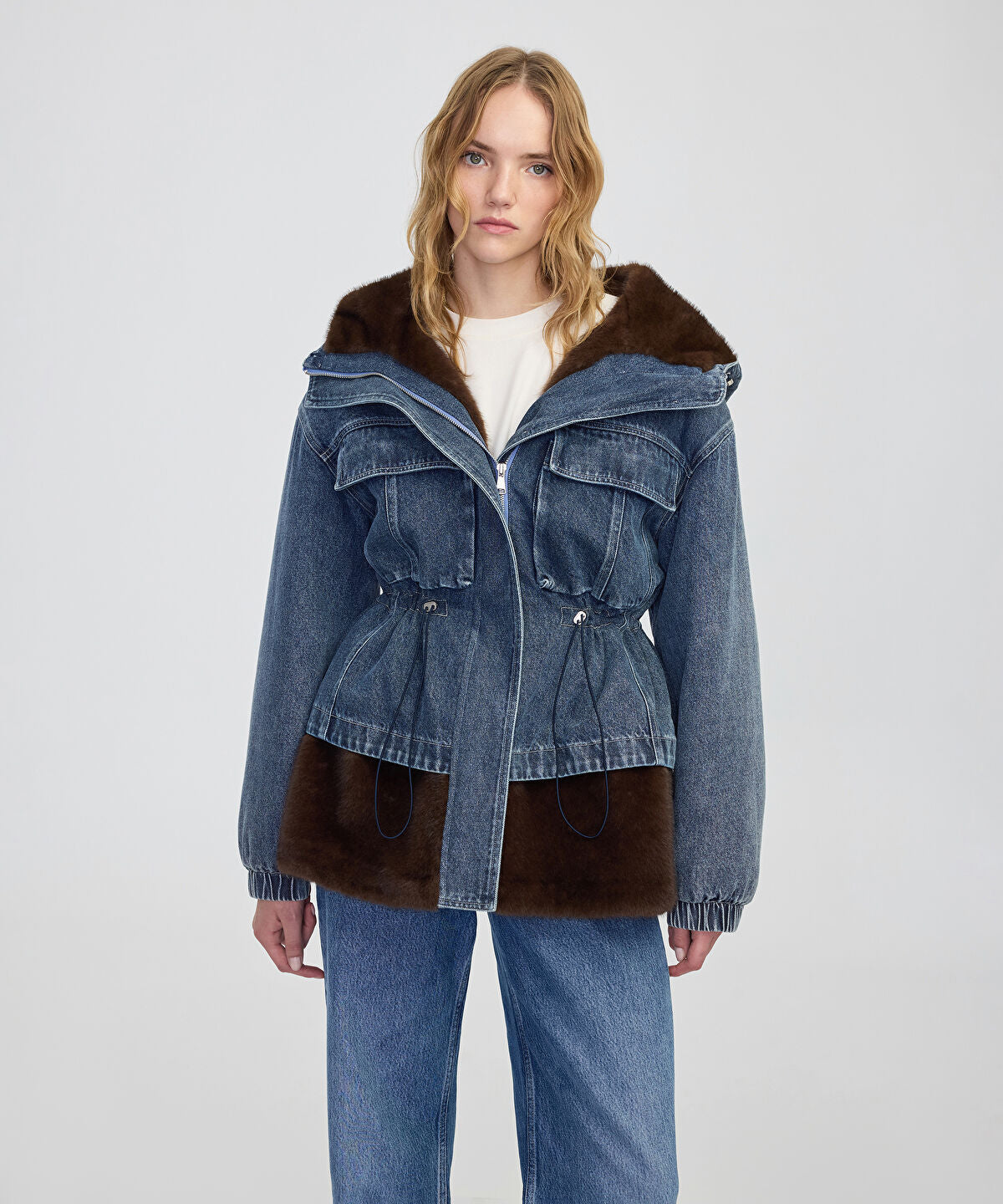 Zoomed Mixed Media Denim Coat