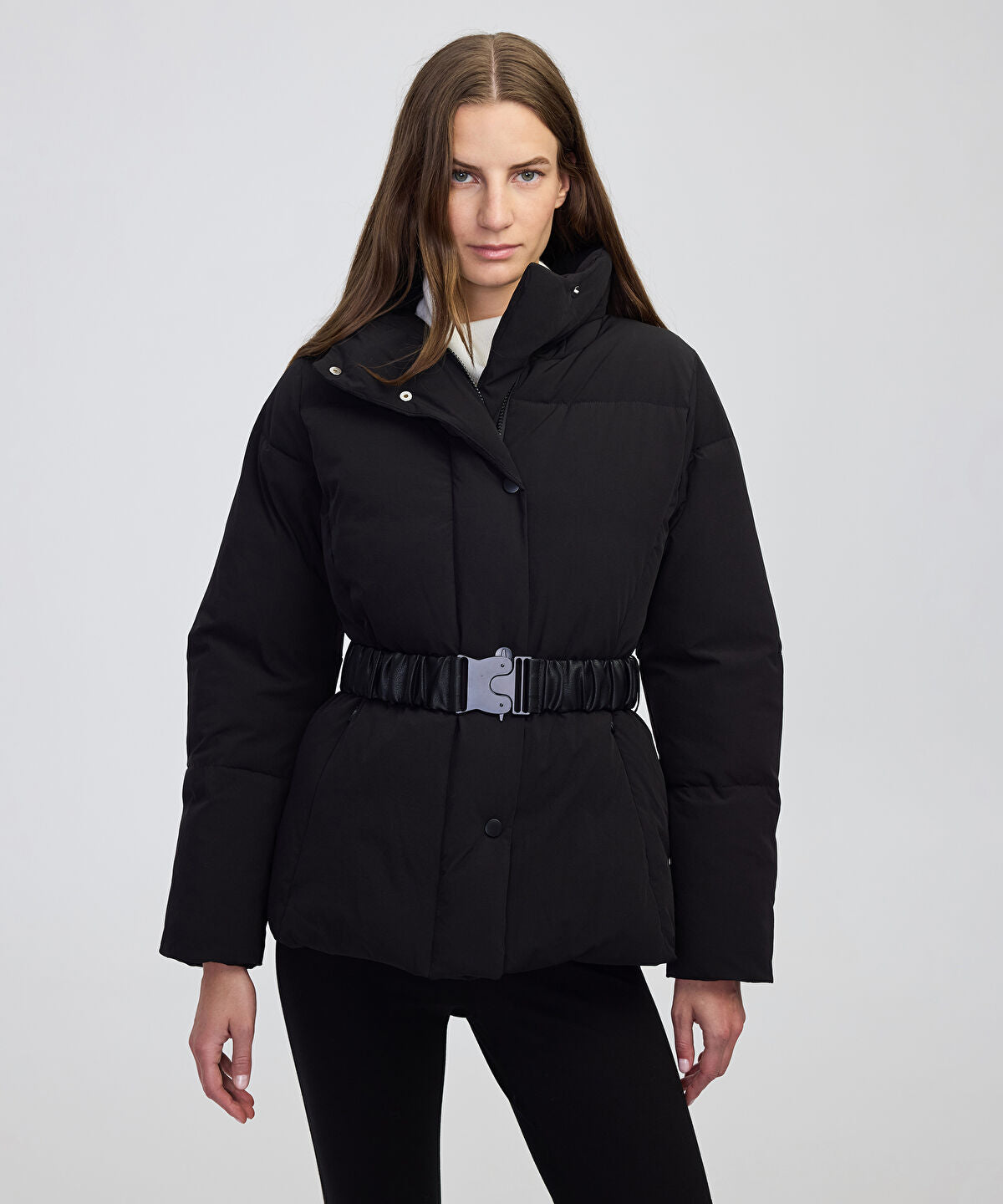 Zoomed Belted High-Collar Puffer Coat