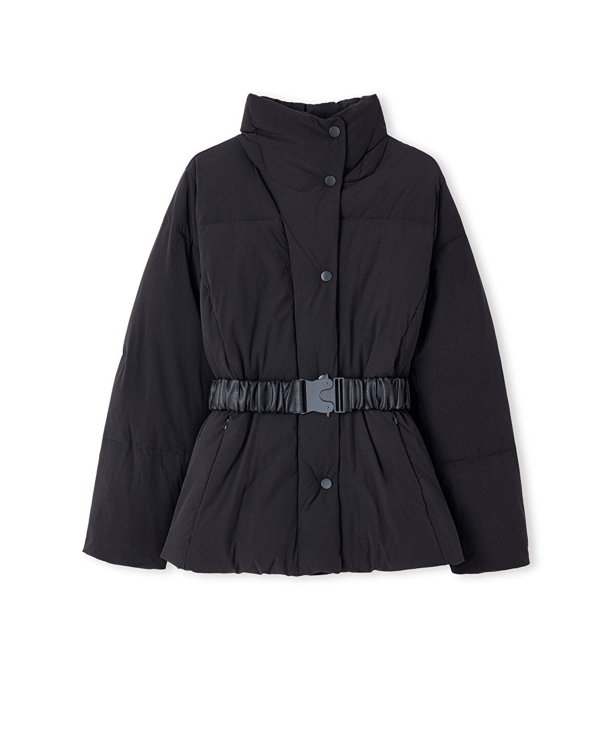 Zoomed Belted High-Collar Puffer Coat