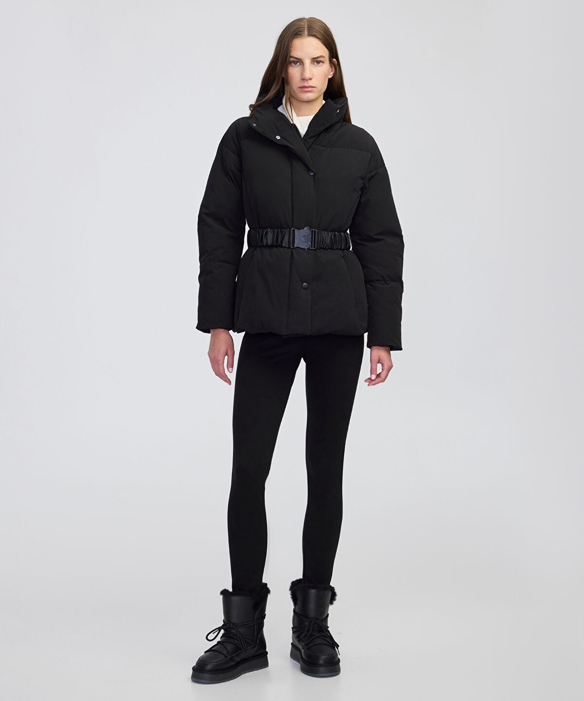 Zoomed Belted High-Collar Puffer Coat