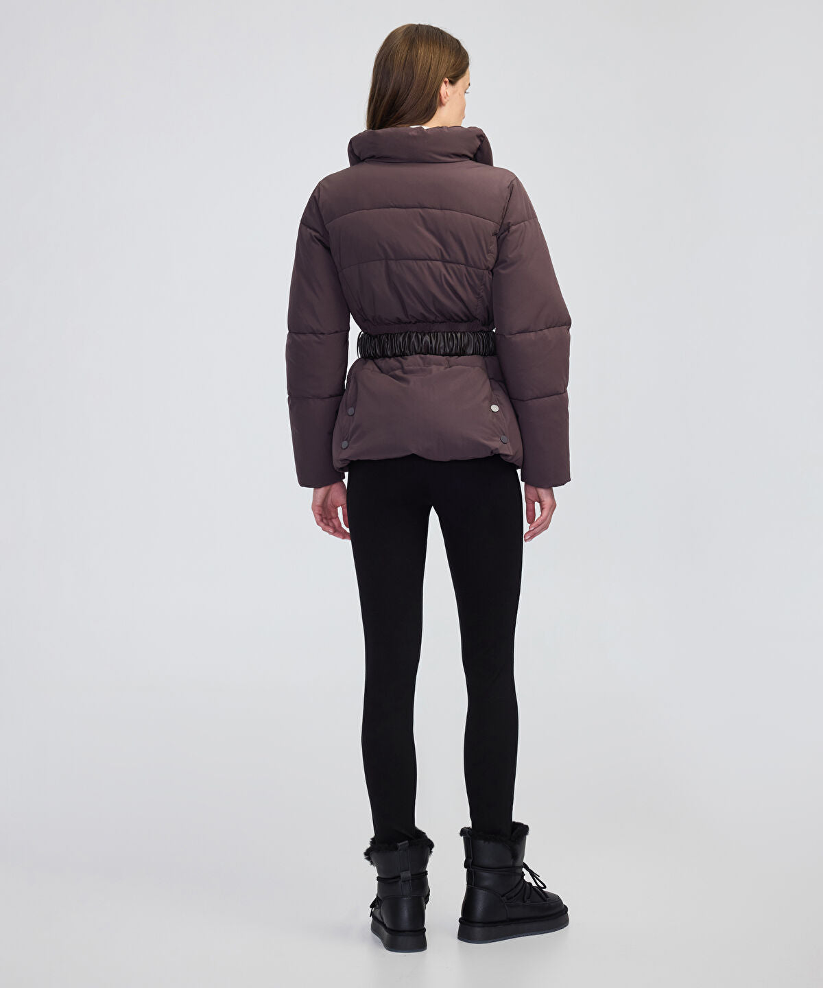 Zoomed Belted High-Collar Puffer Coat