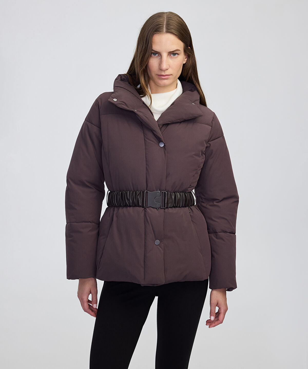 Zoomed Belted High-Collar Puffer Coat
