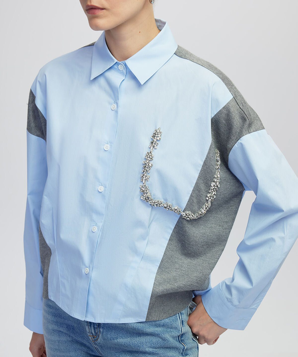 Zoomed Embellished Mixed Media Shirt