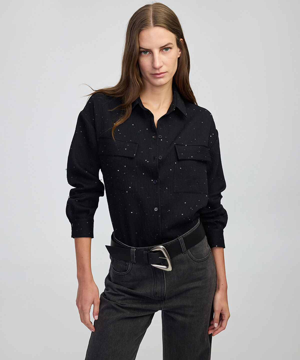 Zoomed Sequin Embellished Striped Shirt