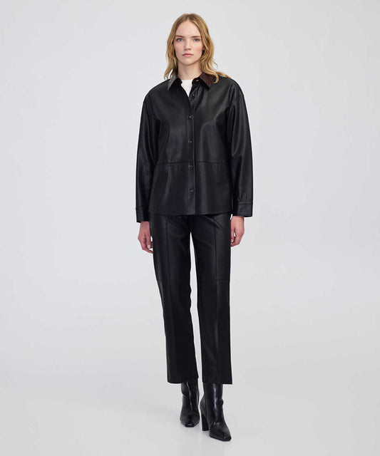 Contrast Collar Leather-Effect Shirt 