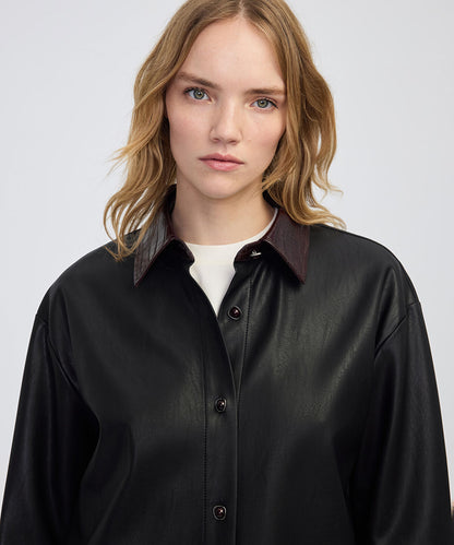 Contrast Collar Leather-Effect Shirt 