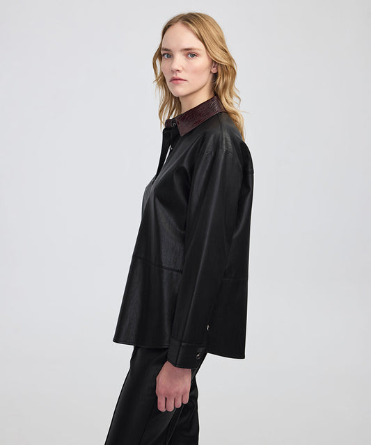 Contrast Collar Leather-Effect Shirt 