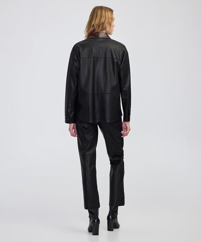 Contrast Collar Leather-Effect Shirt 