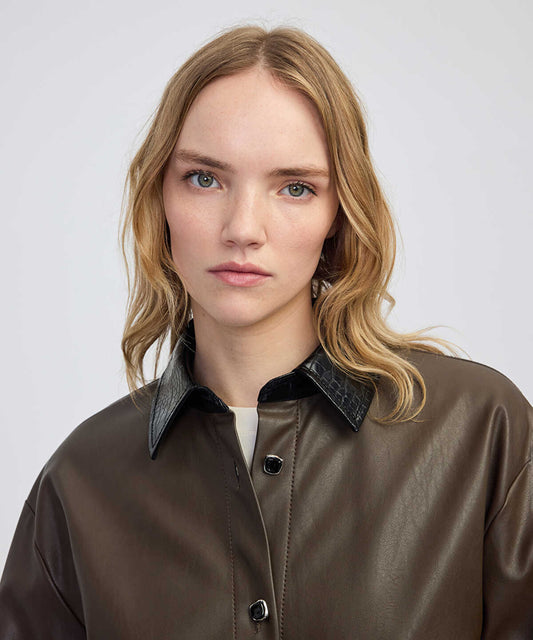 Contrast Collar Leather-Effect Shirt 