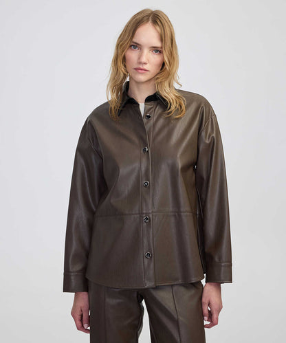 Contrast Collar Leather-Effect Shirt 