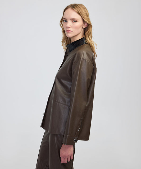 Contrast Collar Leather-Effect Shirt 