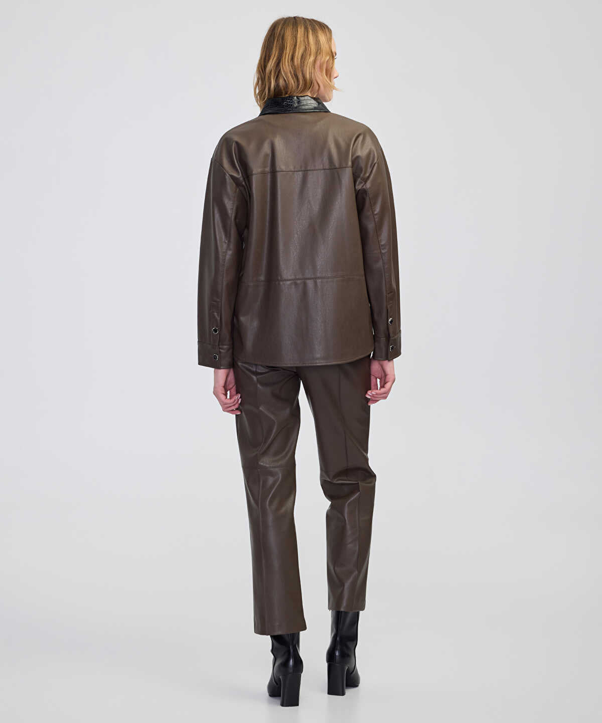 Contrast Collar Leather-Effect Shirt 