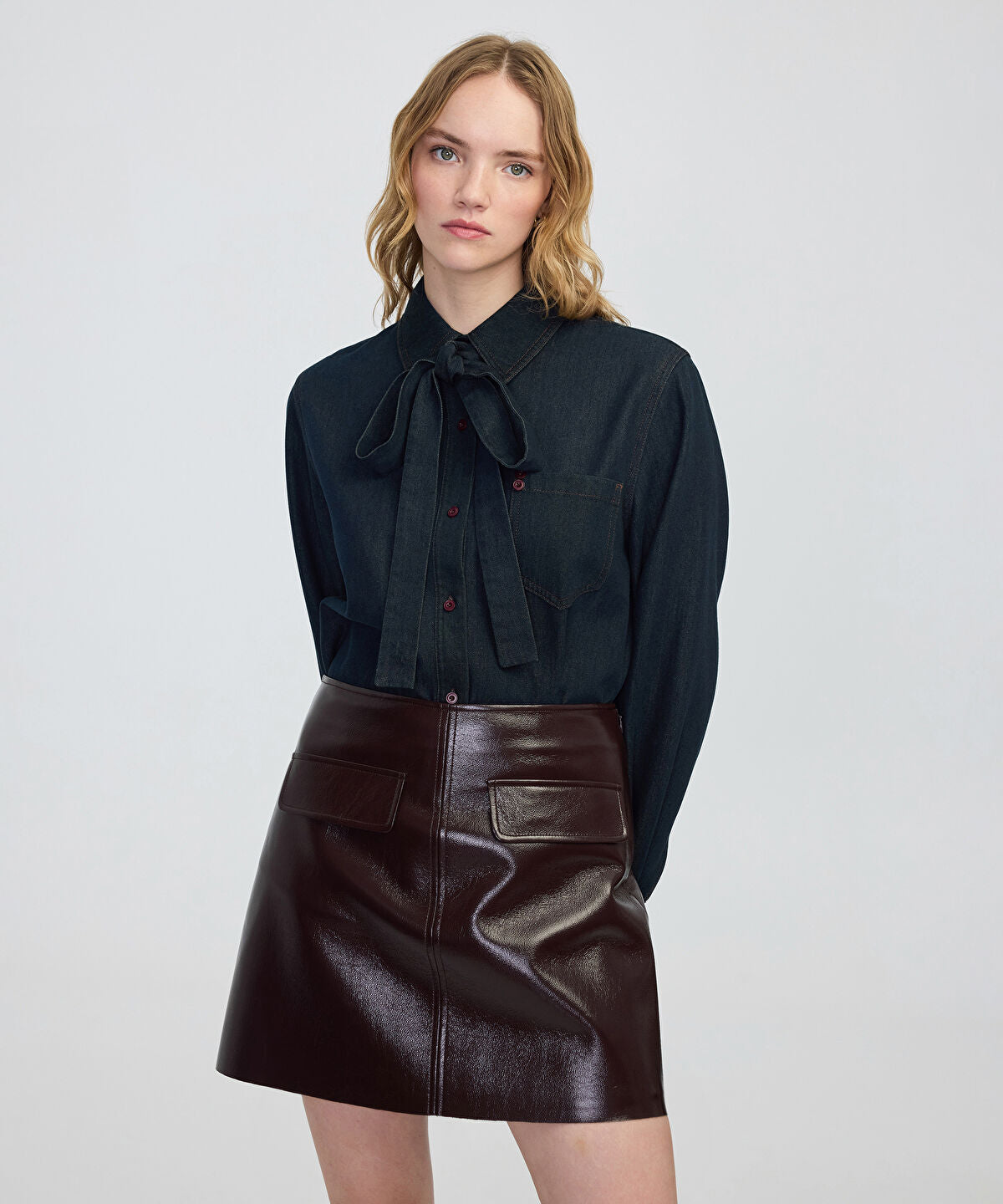 Zoomed Tie-Neck Denim Shirt
