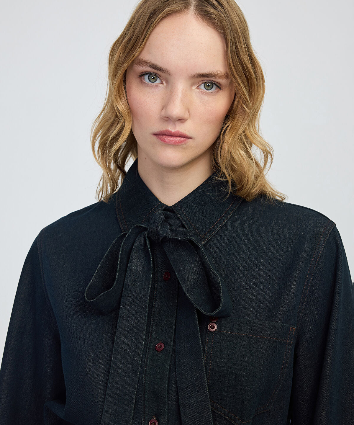 Zoomed Tie-Neck Denim Shirt