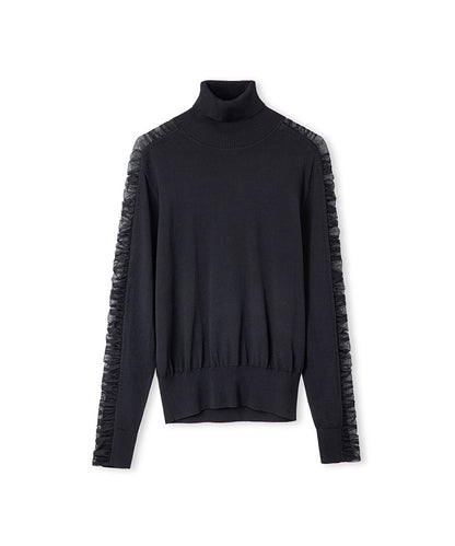 Draped Tulle-Sleeve Knit Top