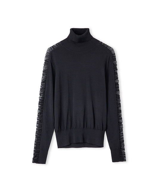 Draped Tulle-Sleeve Knit Top