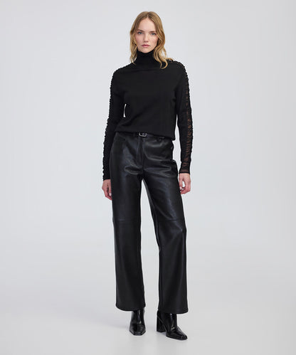 Draped Tulle-Sleeve Knit Top