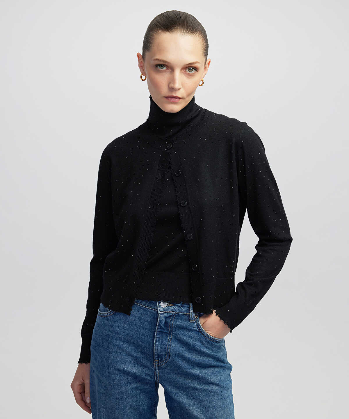 Zoomed Rhinestone Knit Cardigan