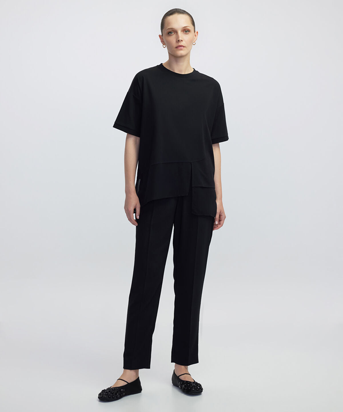 Chiffon Trim Asymmetric T-Shirt