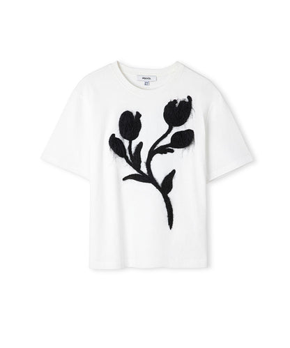 Color-Block T-Shirt with 3D Floral Embellishment