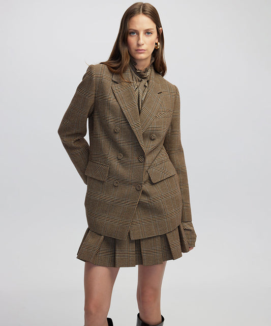 Plaid Blazer with Brooch