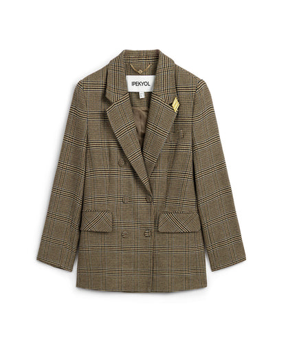 Plaid Blazer with Brooch
