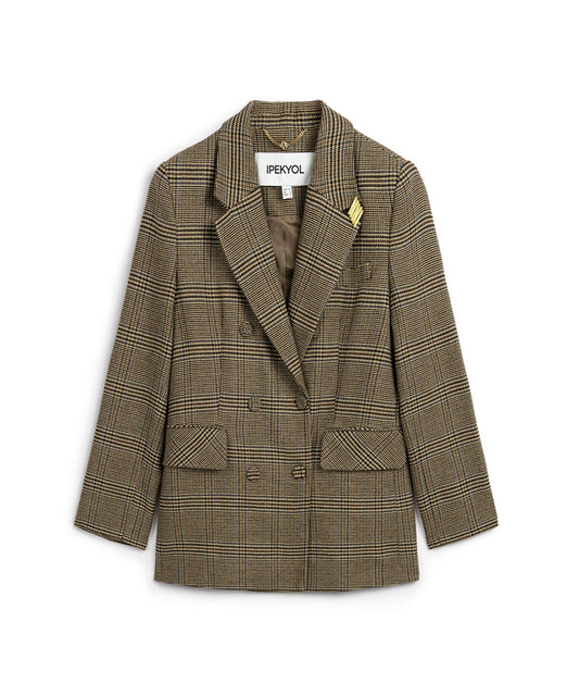 Plaid Blazer with Brooch