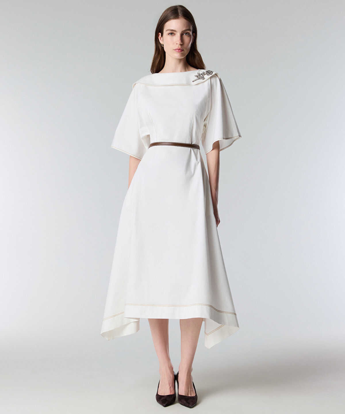 Embellished Neck Belted Dress