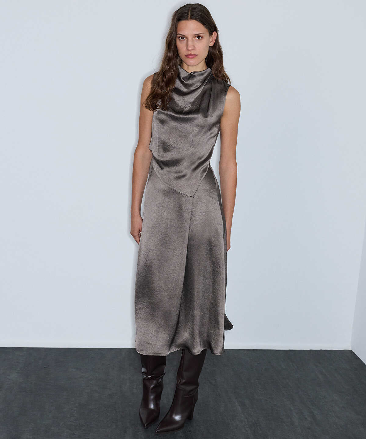 Zoomed Cowl-Neck Midi Dress