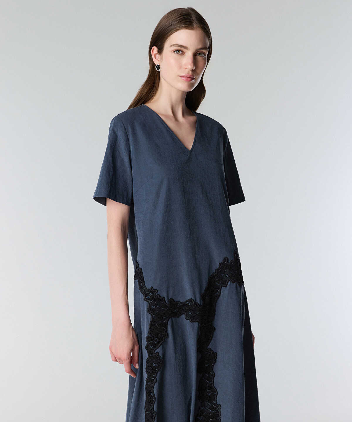 Zoomed Lace Trim Cupro Dress