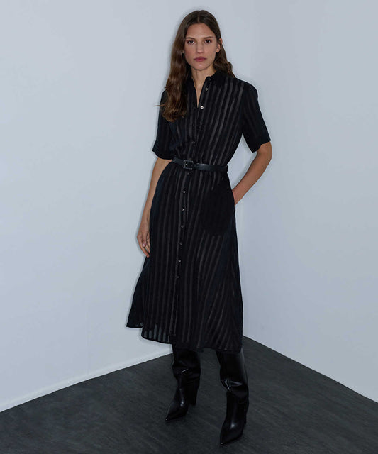 Sheer-Stripe Belted Dress