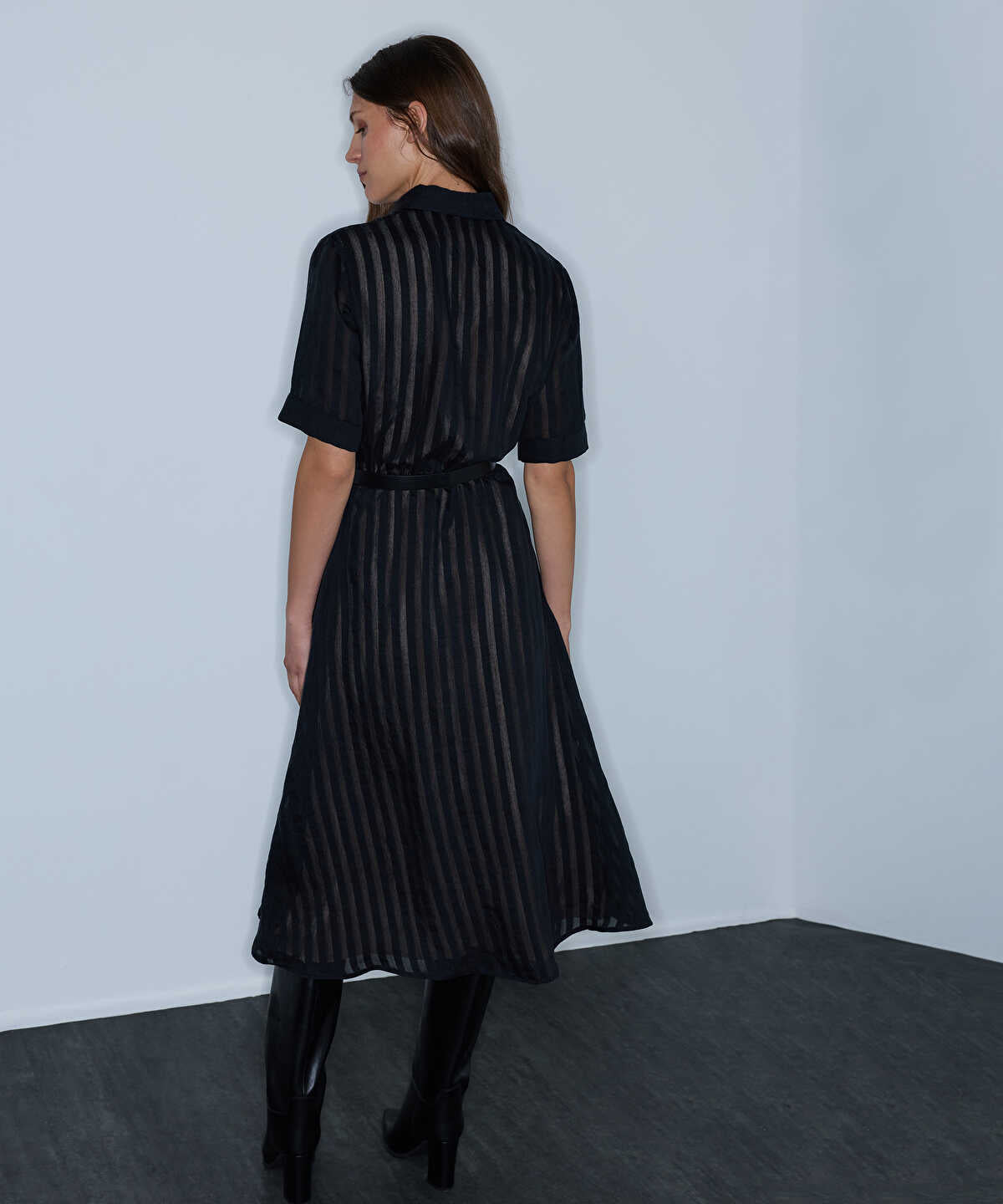 Zoomed Sheer-Stripe Belted Dress