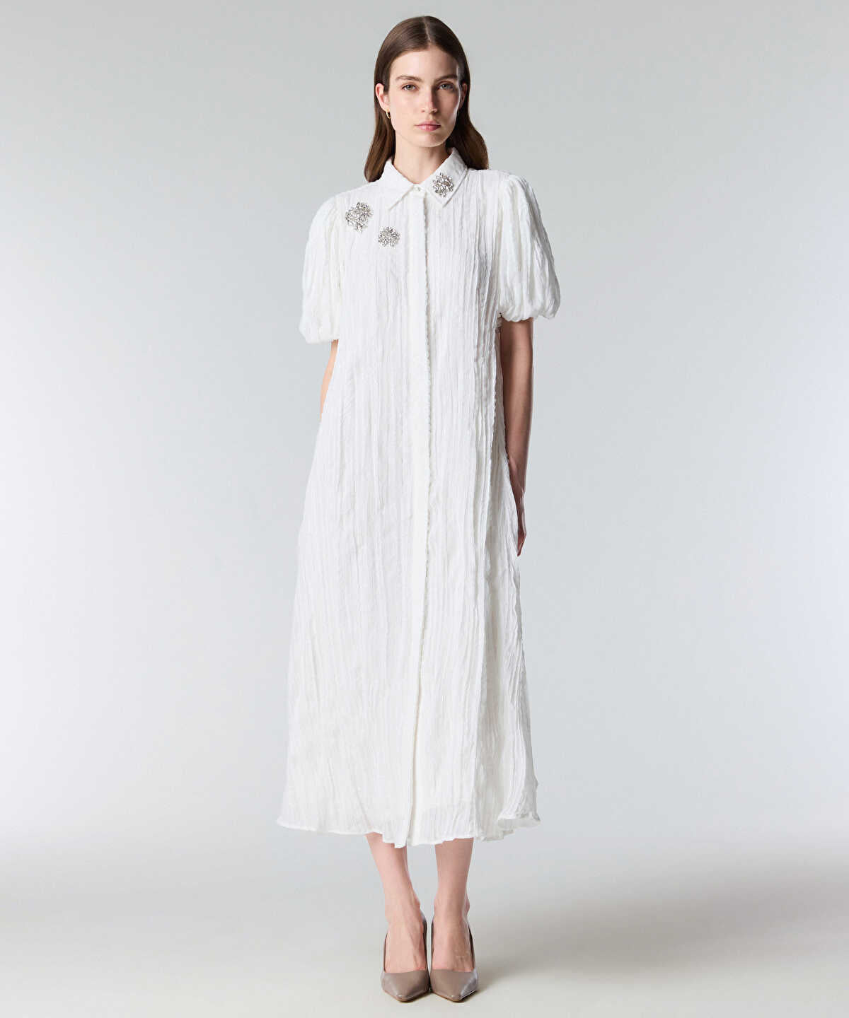 Crinkle Effect Embroidered Dress