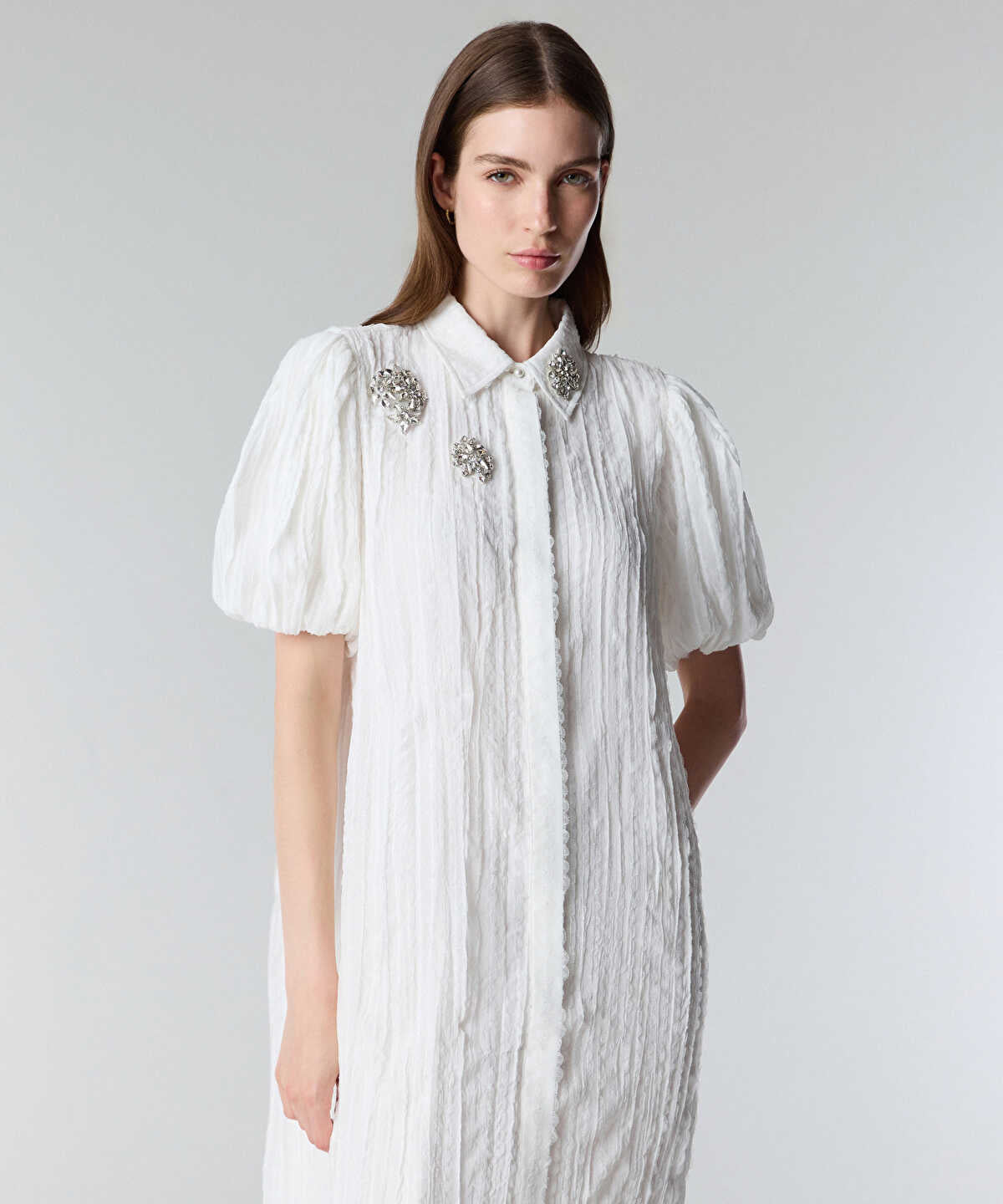 Crinkle Effect Embroidered Dress