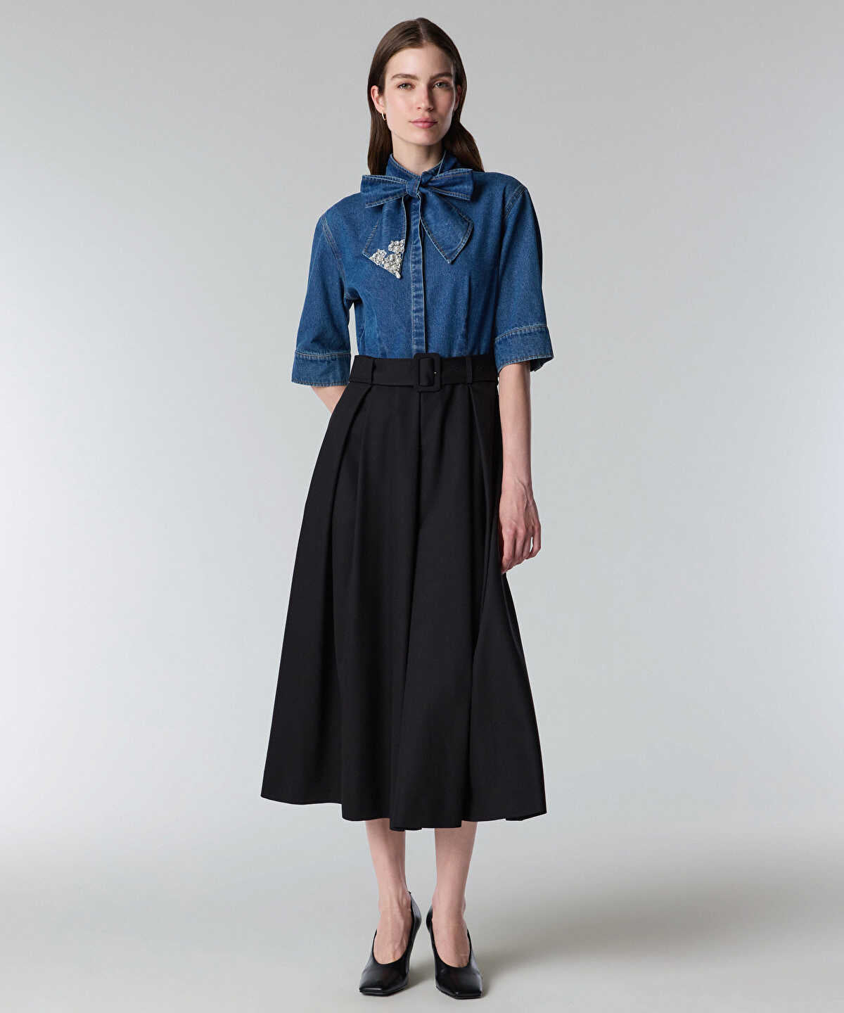 Zoomed Tie Neck Mixed Media Dress