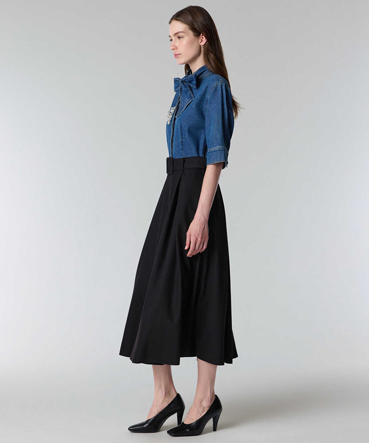 Zoomed Tie Neck Mixed Media Dress