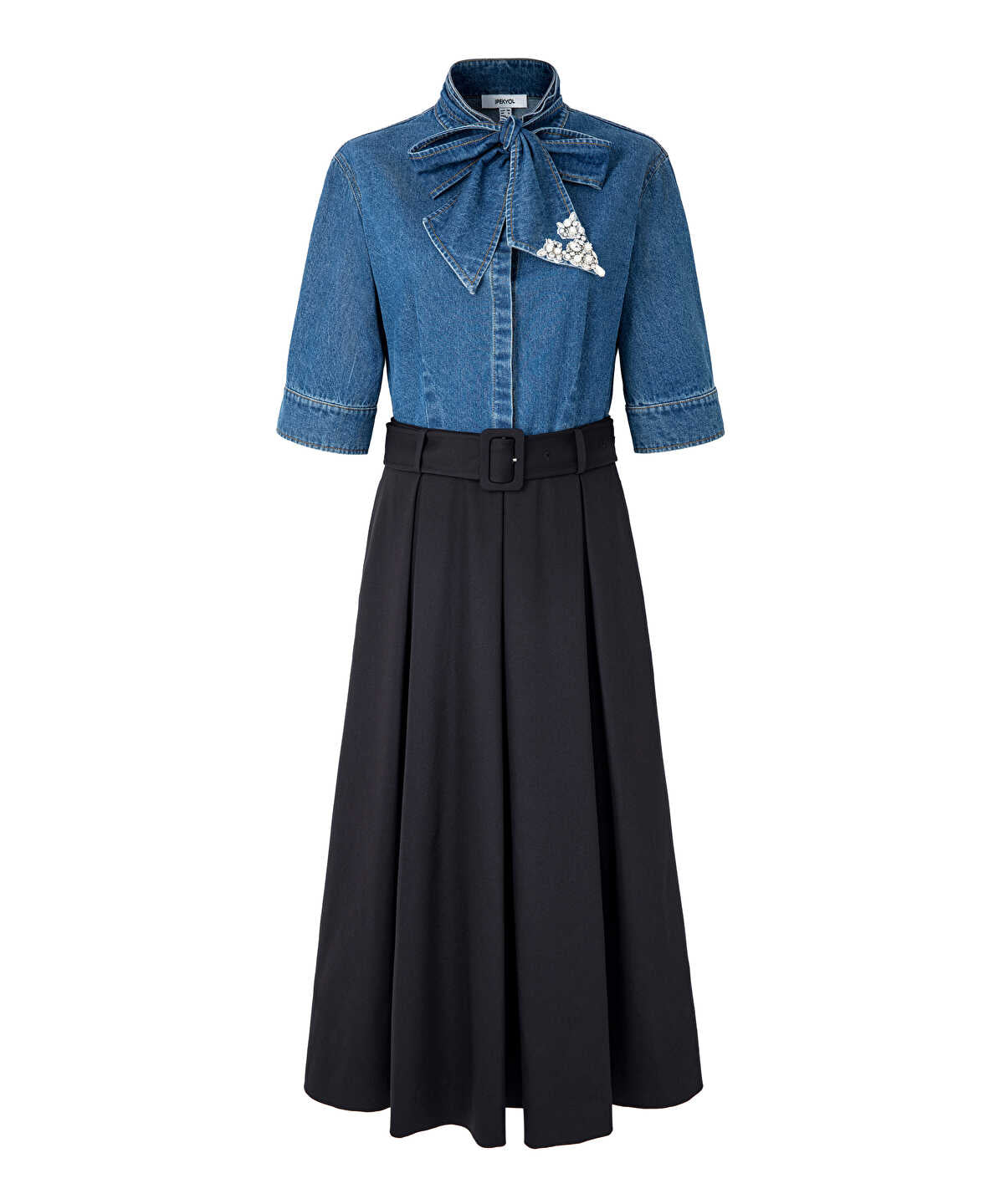 Zoomed Tie Neck Mixed Media Dress