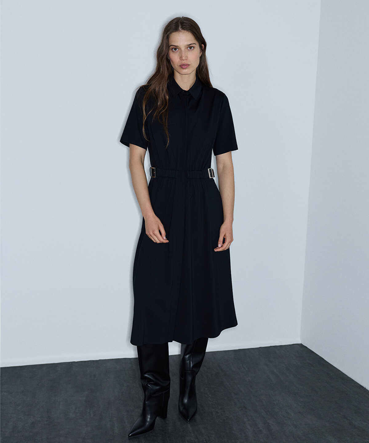 Zoomed Dual-Buckle Belted Shirt Dress