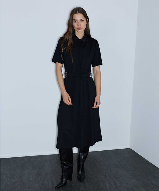 Dual-Buckle Belted Shirt Dress