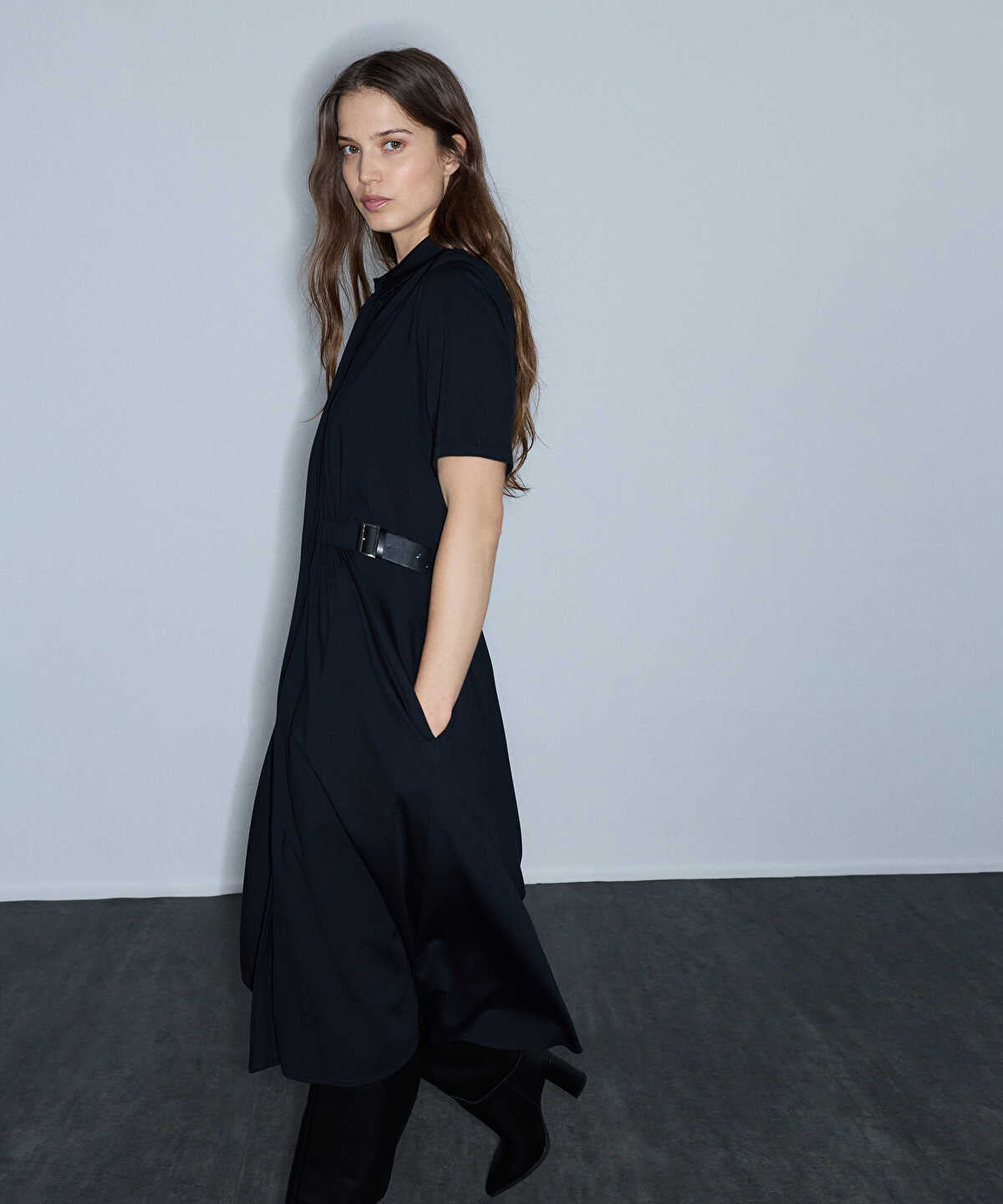 Zoomed Dual-Buckle Belted Shirt Dress