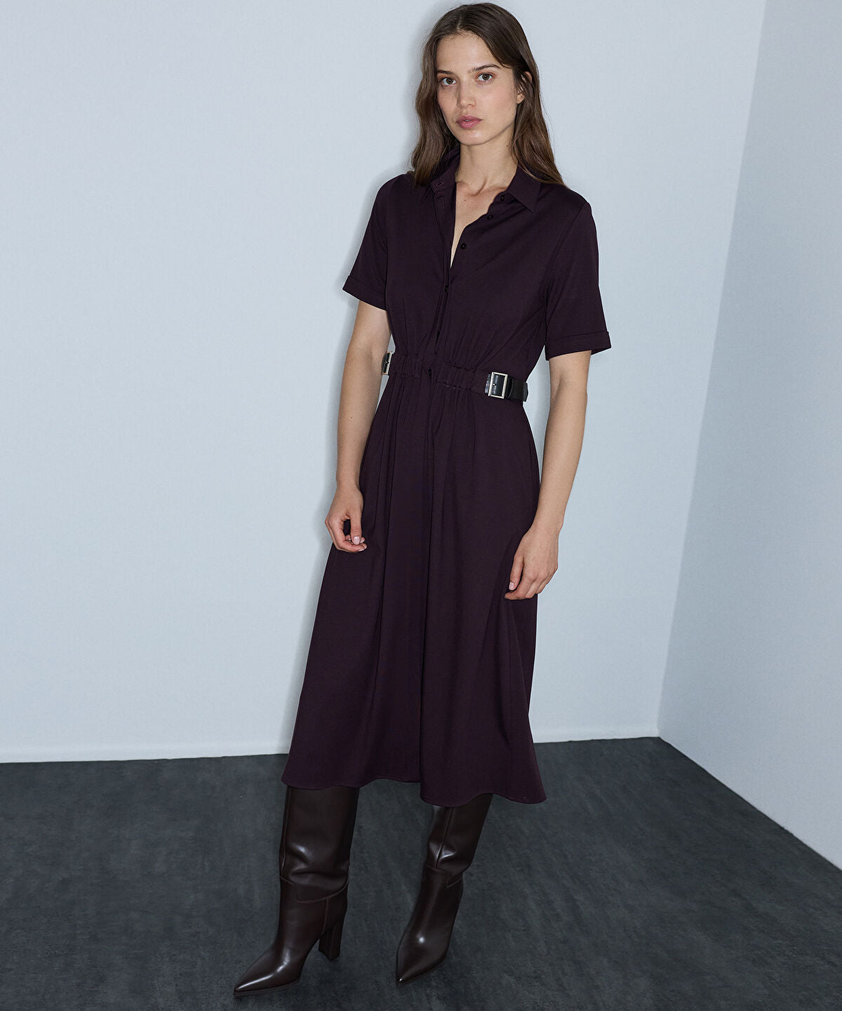 Zoomed Dual-Buckle Belted Shirt Dress