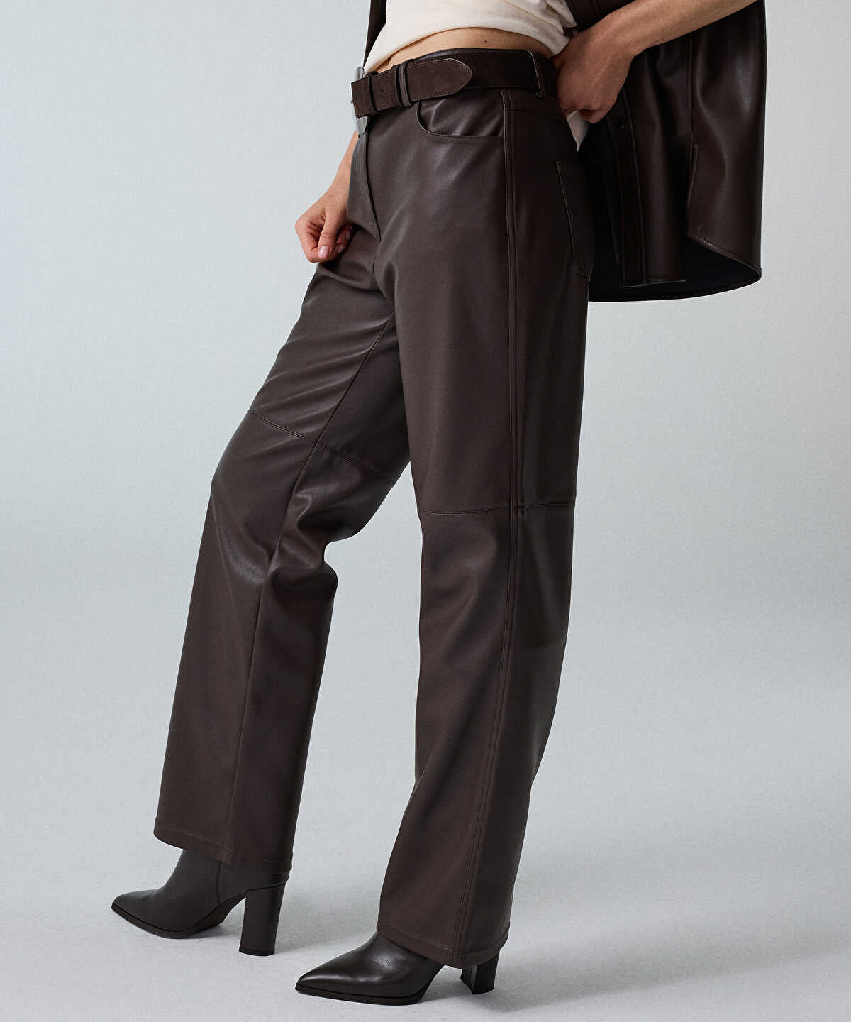 Zoomed Leather-Effect Wide-Leg Trousers