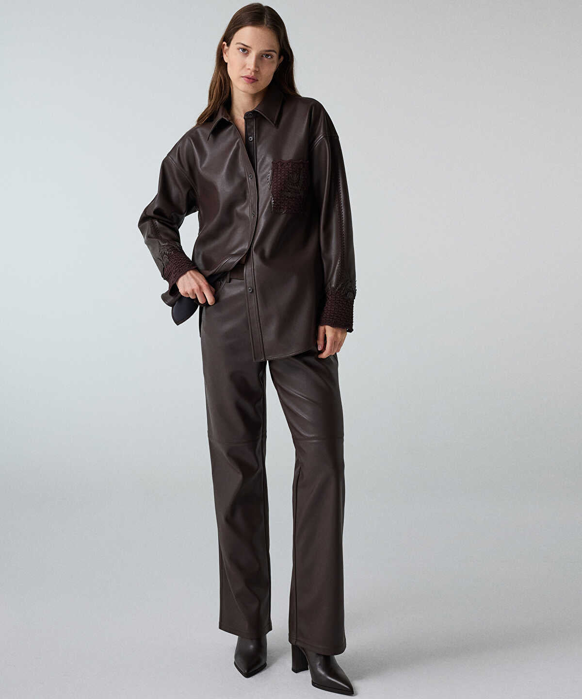 Leather-Effect Wide-Leg Trousers