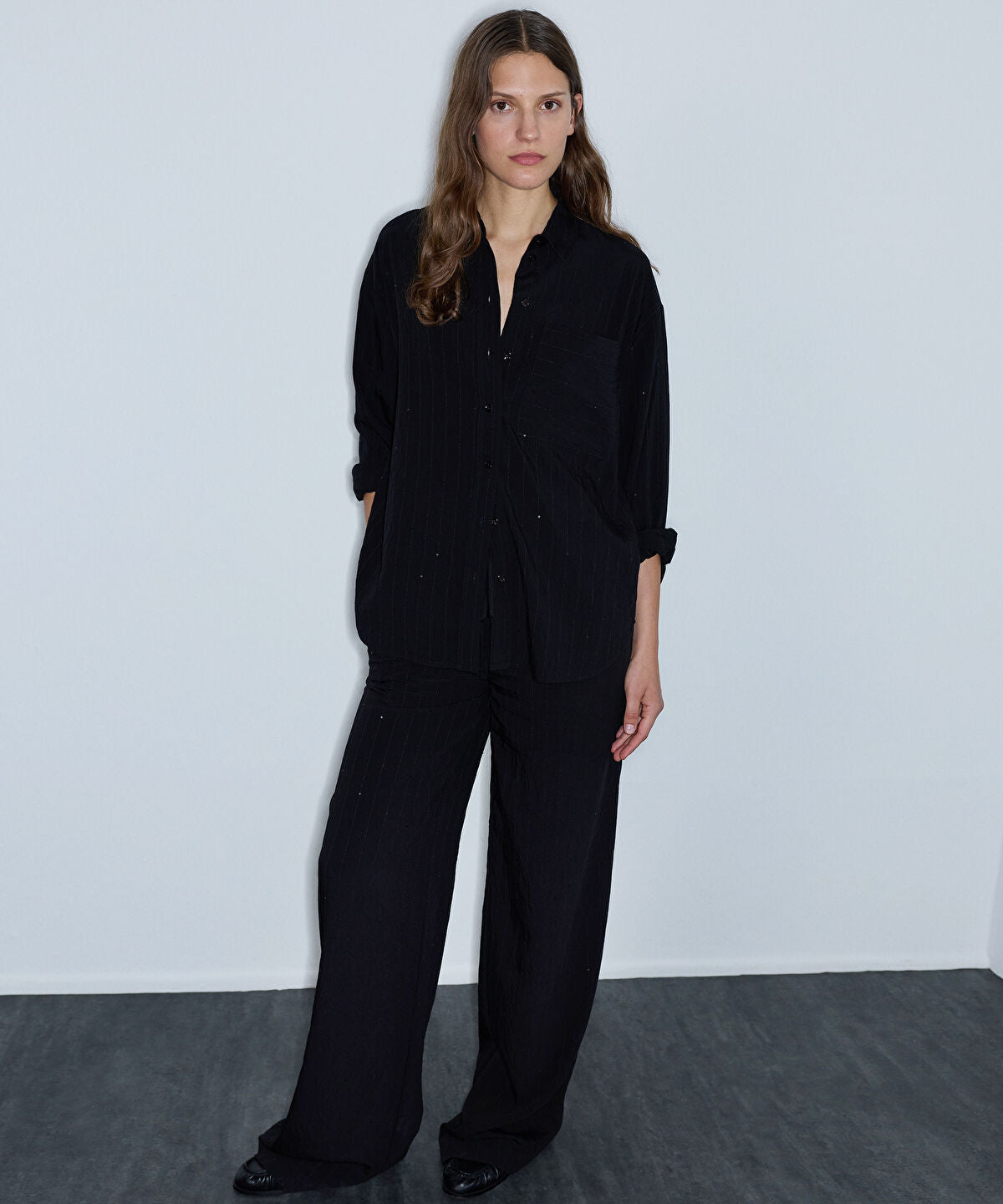 Crinkle-Effect Sequin Trousers