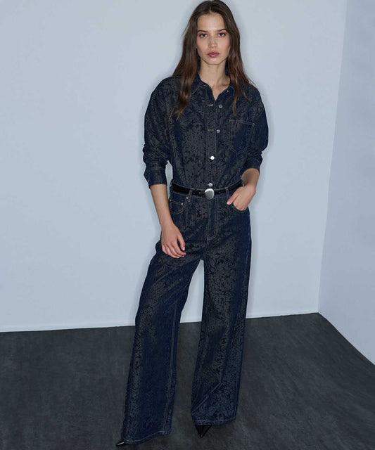 Flock-Printed Denim-Effect Trousers