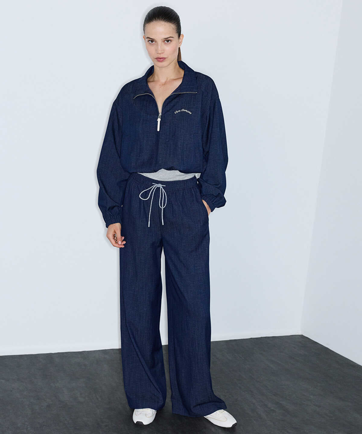 Zoomed Denim-Effect Wide-Leg Trousers