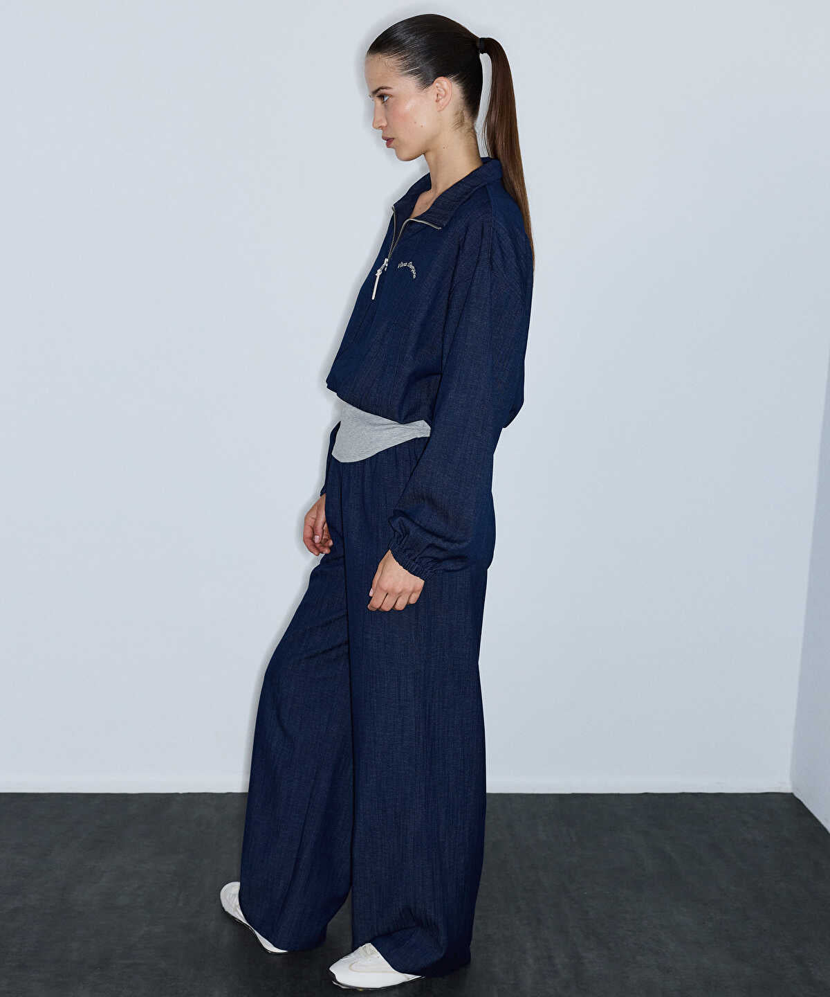 Zoomed Denim-Effect Wide-Leg Trousers
