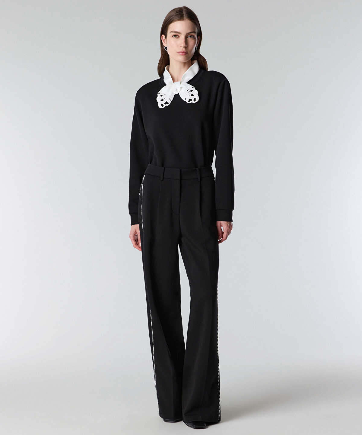 Zoomed Faux-Pearl Trim Wide-Leg Trousers