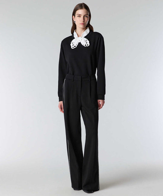 Faux-Pearl Trim Wide-Leg Trousers